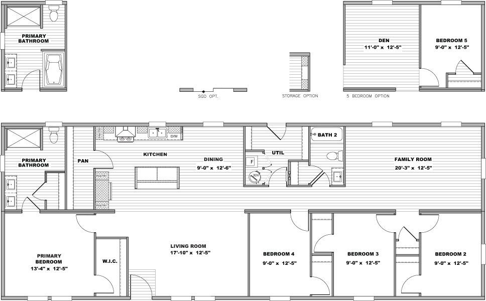 Architectural floor plan of a long narrow home with multiple rooms, baths, and labeled spaces.