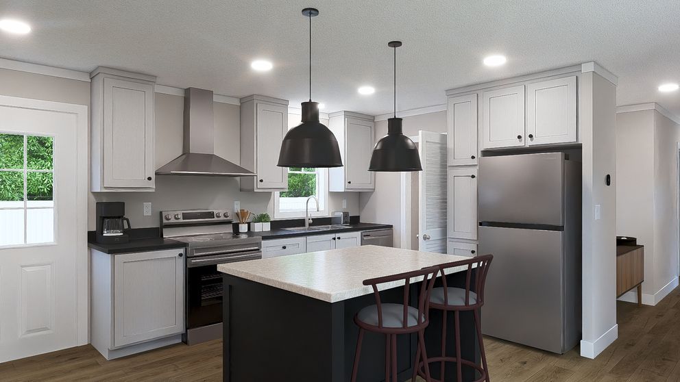 Bright modern kitchen with white cabinets, stainless appliances, island, and black pendant lights