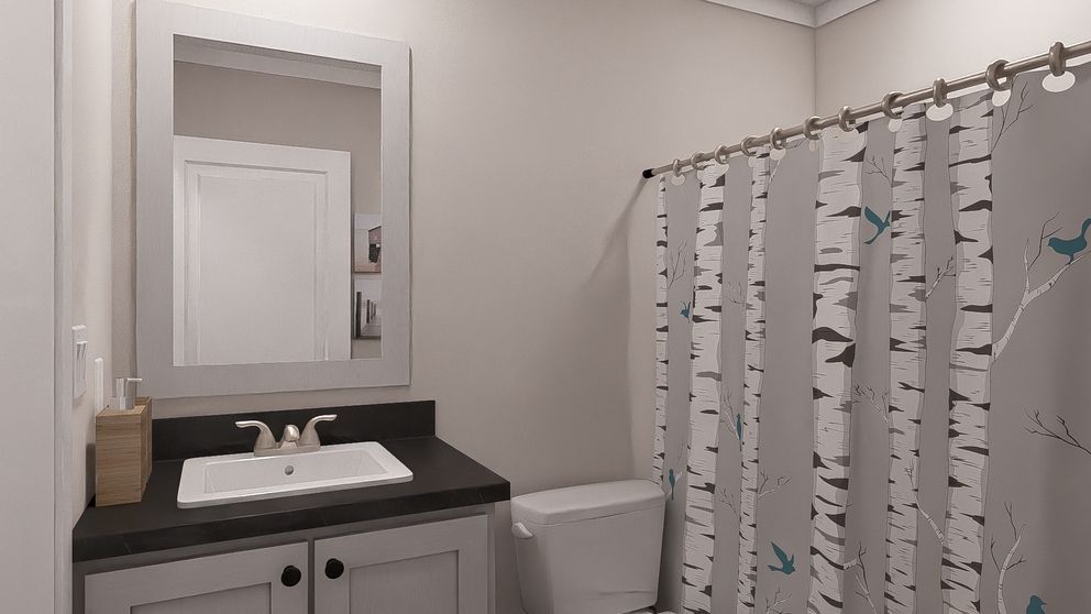 Bathroom with vanity, mirror, toilet, and white bird-patterned shower curtain.