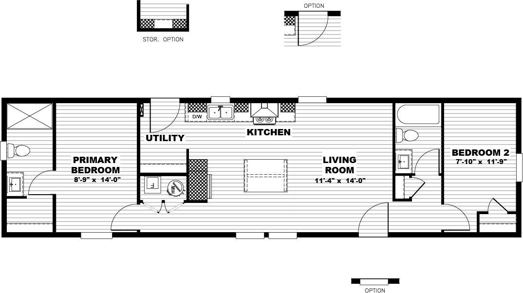 Black-and-white architectural floor plan of a house with kitchen, living room, utility, and bedrooms.