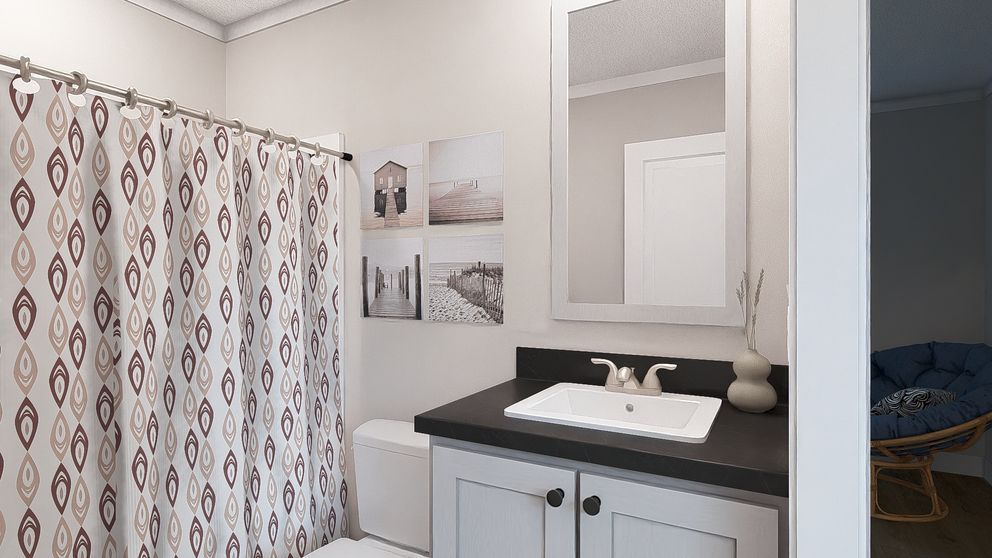 Bathroom vanity with white sink, black countertop, mirror, wall art, and patterned shower curtain.