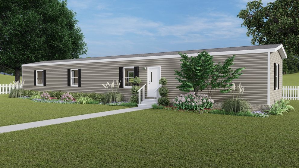 Single-story beige house with white trim, front lawn, walkway, and trees under a blue sky