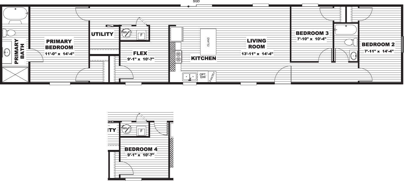 Black-and-white architectural floor plan with labeled rooms and a small inset layout below