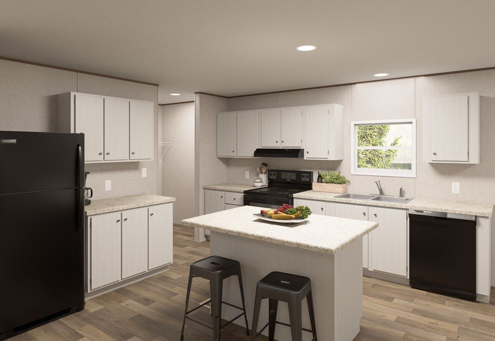 Bright white modern kitchen with island, black stools, and stainless appliances