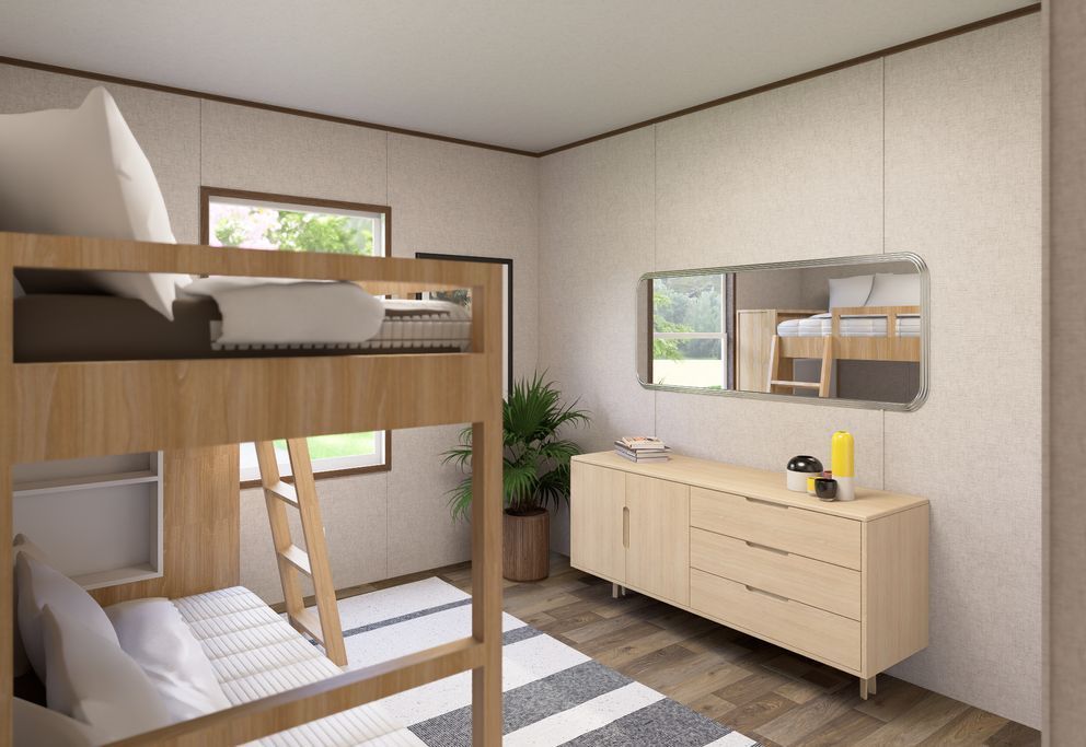 Modern bedroom with bunk bed, dresser, wall mirror, and striped rug under a window