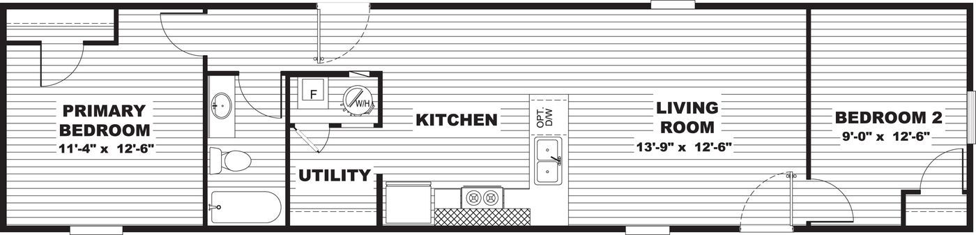 Floor plan of a small house with primary bedroom, kitchen, utility, living/dining room, and bedroom 2.