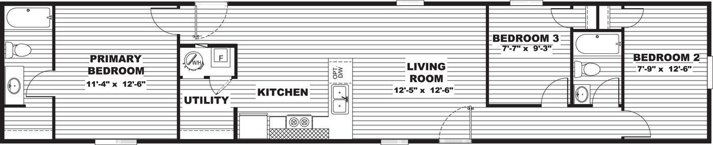 Black-and-white floor plan of a small home with labeled rooms, including bedroom, living room, kitchen, and bathroom.