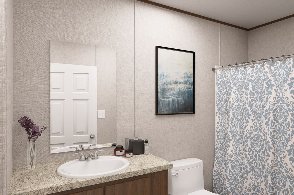 Bathroom vanity with mirror, sink, toilet, framed art, and patterned shower curtain