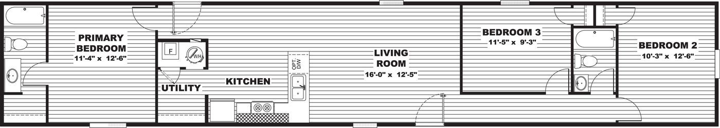 Black-and-white architectural floor plan of a narrow home layout with labeled rooms and measurements