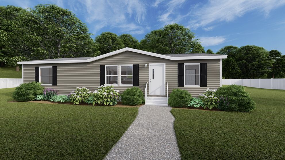 Single-story gray house with white trim, front walkway, and landscaped yard under a blue sky