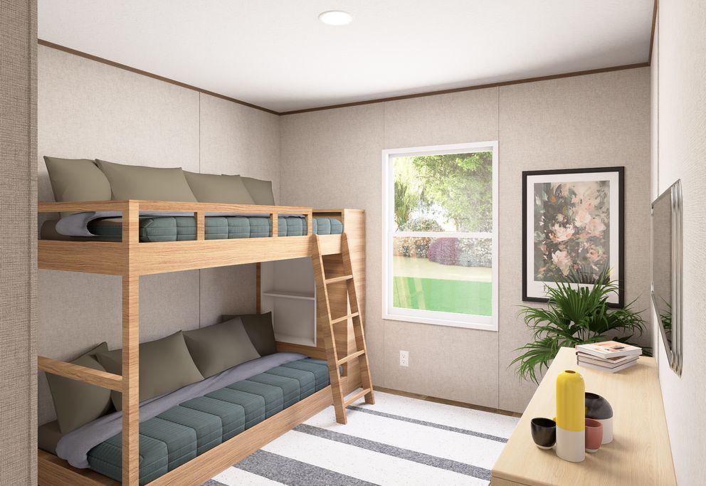 Bright kids’ bedroom with wooden bunk bed, window, desk, and potted plant