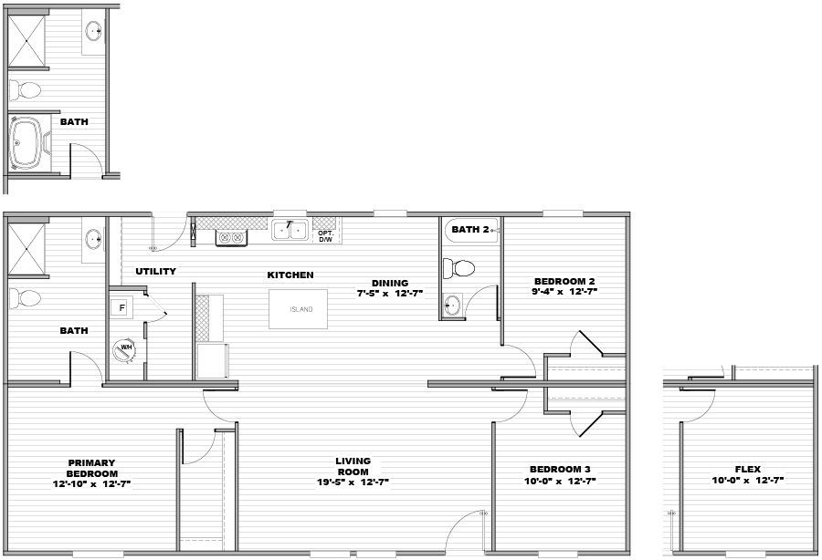 Floor plan of a small house with kitchen, living room, bedroom, bath, and deck.