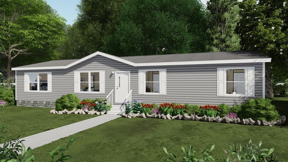 Single-story gray house with white trim, front steps, and a landscaped garden in a green yard
