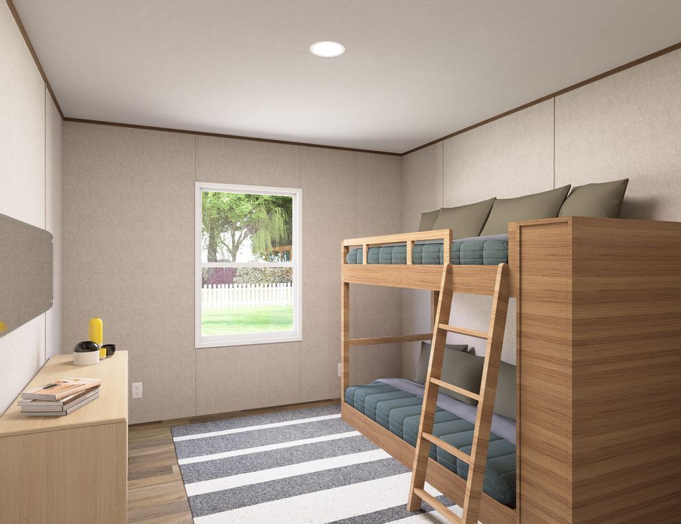 Small modern bedroom with a wooden bunk bed, desk, striped rug, and window view.