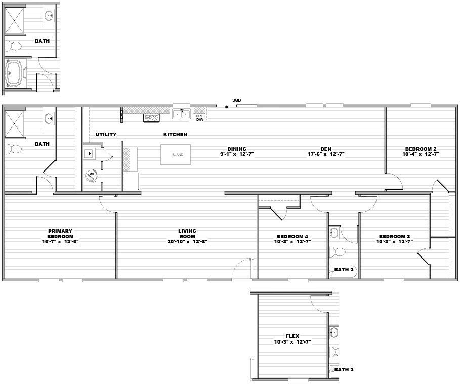 Black-and-white architectural floor plan with labeled rooms, hallways, and doors