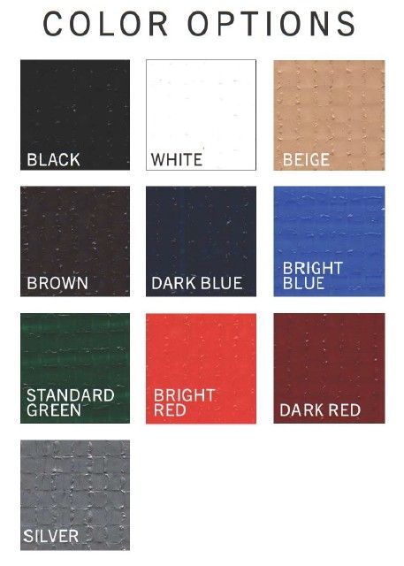 A grid showing ten color swatches labeled Black, White, Beige, Brown, Dark Blue, Bright Blue, Green, Red, Dark Red, and Silver.