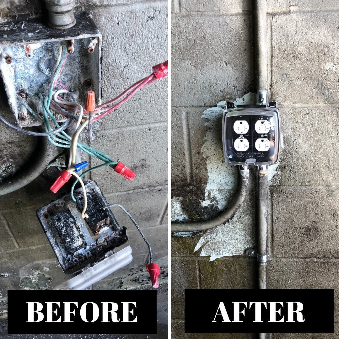 Comparison of before and after electrical box repair. Old box with exposed wires to new, covered box on concrete wall.