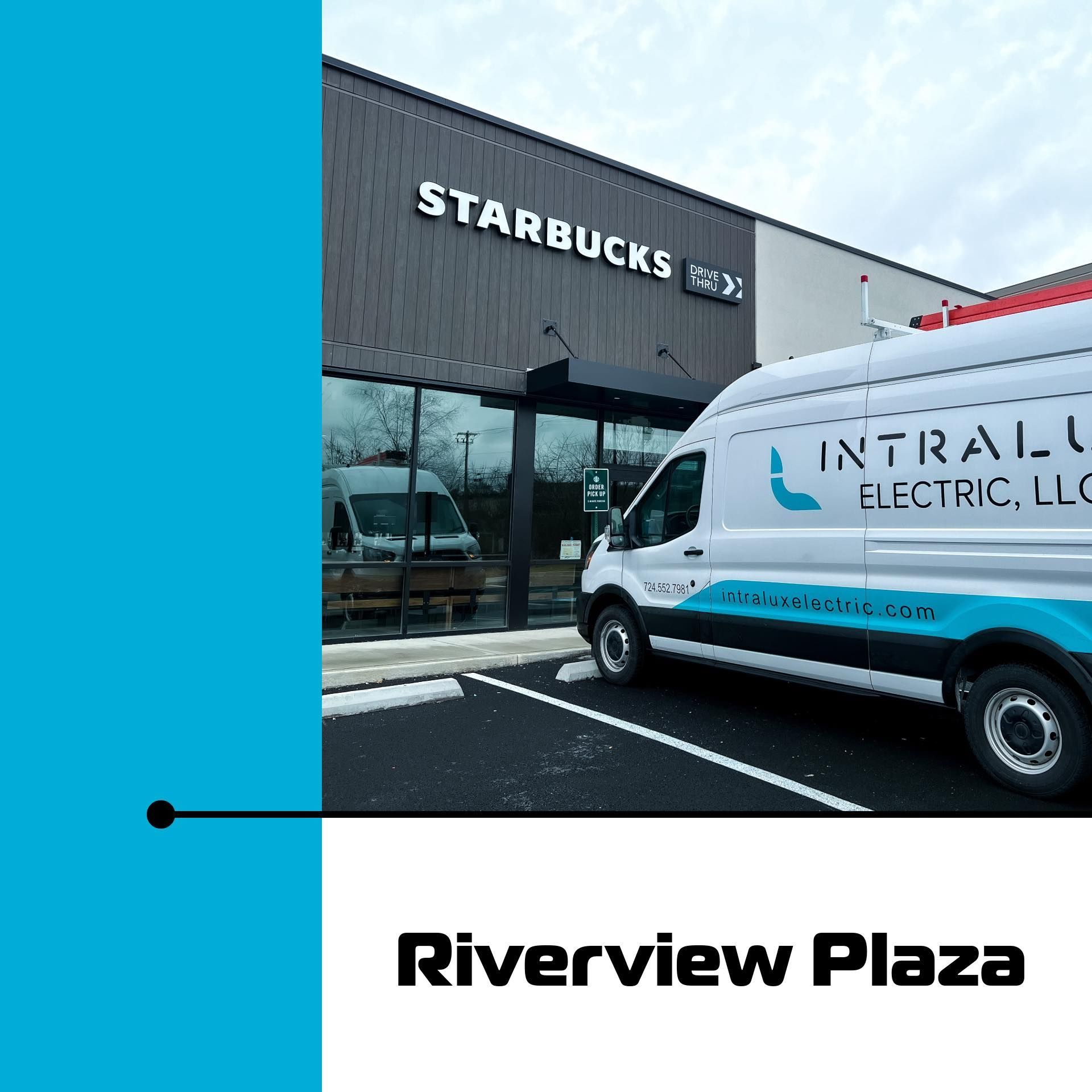 A white Intralux Electric van parked outside a Starbucks in Riverview Plaza.