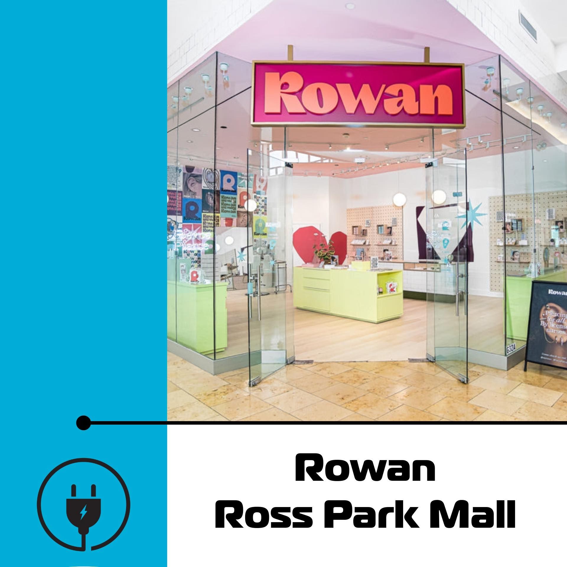 Rowan store at Ross Park Mall, Pittsburgh. Clear glass entrance, pink and white interior, neon sign, and green display.