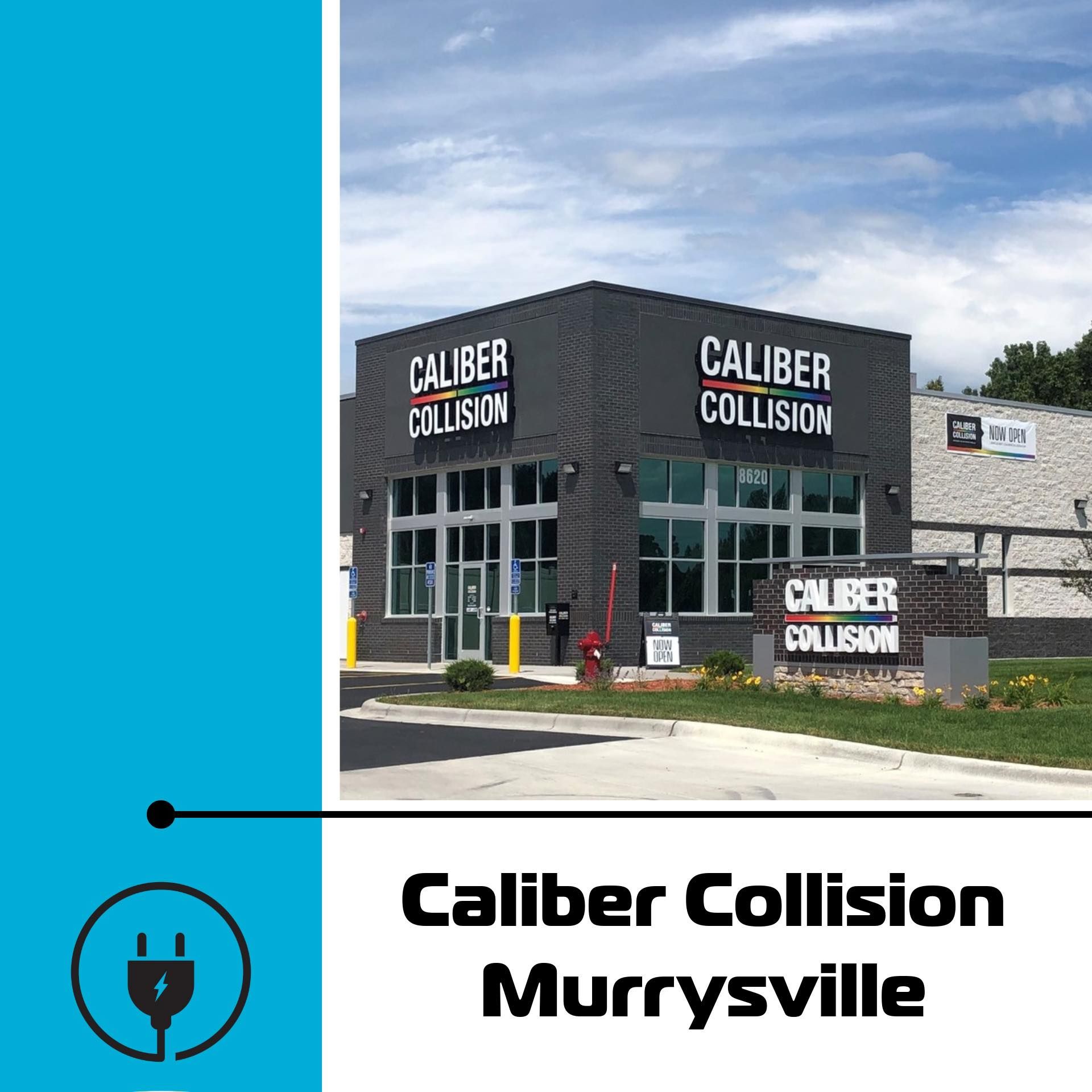 Caliber Collision auto shop in Murrysville with a blue and white background with a power plug icon.