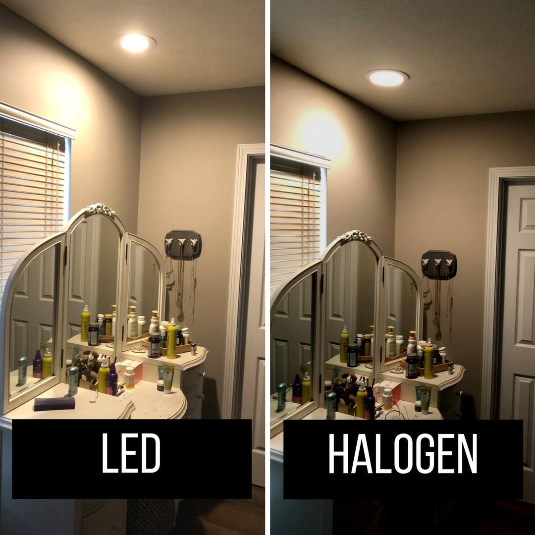 Two photos of a vanity under different lighting.