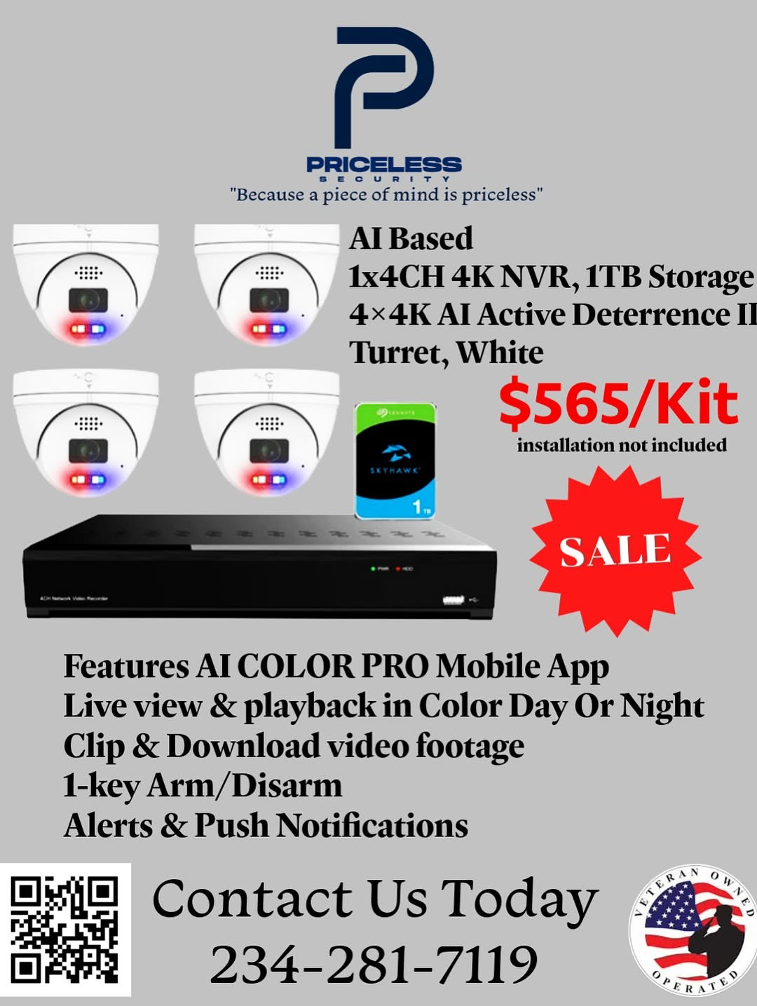 Security system kit with white turrets, a black NVR, and the price of $565, contact info included.