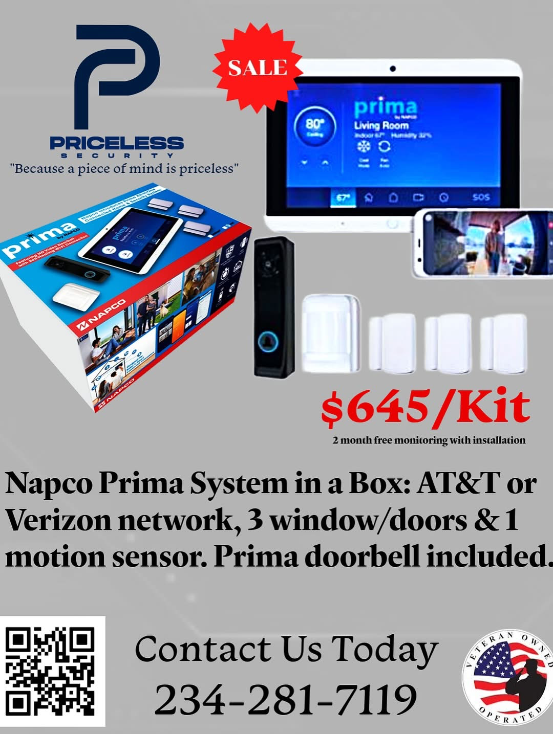 Security system kit advertisement. Includes tablet, door/window sensors, doorbell, and a control panel. Sale price: $645. Contact info provided.