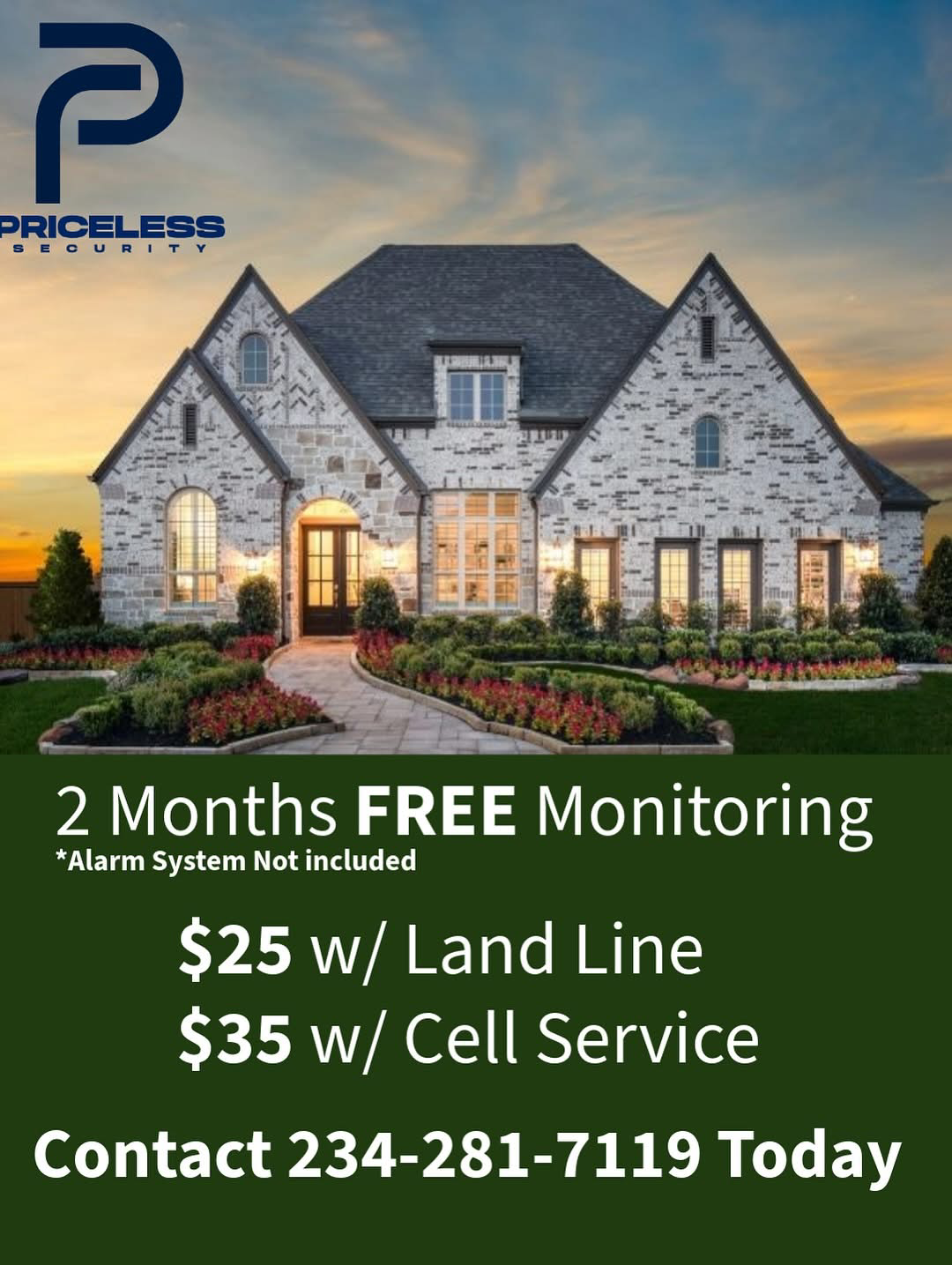 Advertisement for Priceless Security, offering 2 months free monitoring. Features a house and phone number.