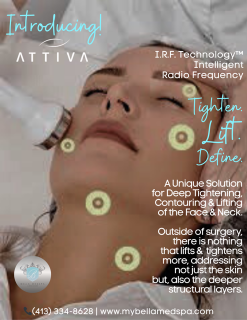 Attiva ad promoting facial skin tightening with radio frequency. A woman's face has dotted targets, receiving treatment.