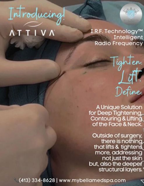 Attiva ad: Face with hand and text promoting skin tightening, lifting, and contouring with radio frequency technology.