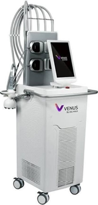 White Venus Bliss Max medical device with a touchscreen and various attachments on wheels.
