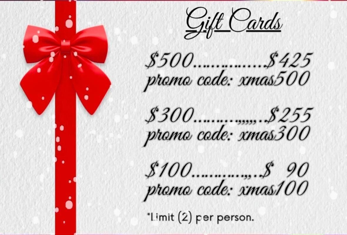 Gift card sale sign with red ribbon bow: $500 to $425, $300 to $255, $100 to $90; promo codes shown.