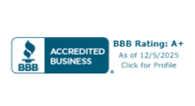 BBB Accredited Business logo, A+ rating as of 12/5/2025. Blue and white.