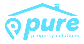 Blue "Pure Property Solutions" logo with a house icon above the word "pure."