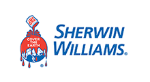 Sherwin-Williams logo: red paint pouring from can, covering a blue and white globe, with blue text.