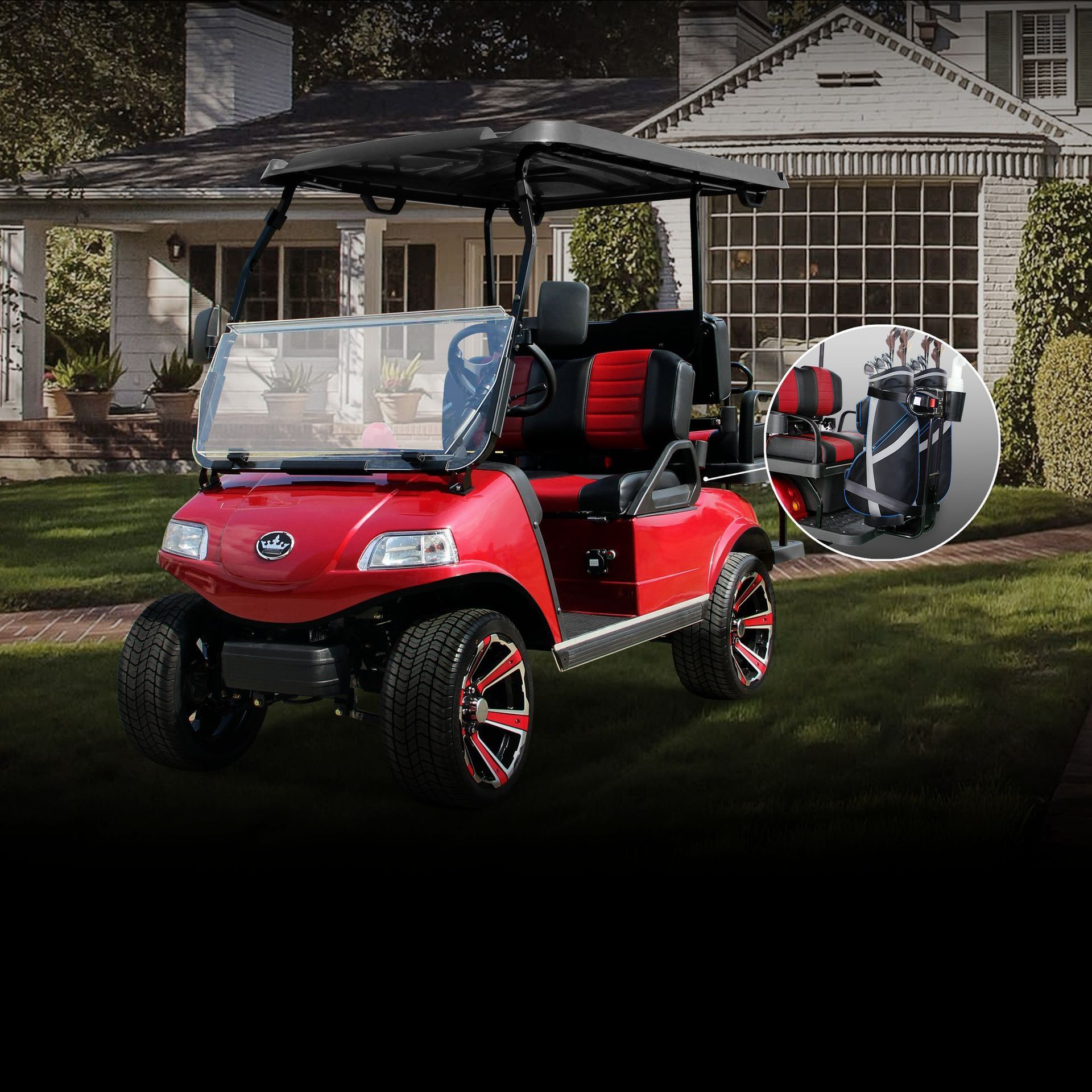 A red golf cart is parked in front of a house