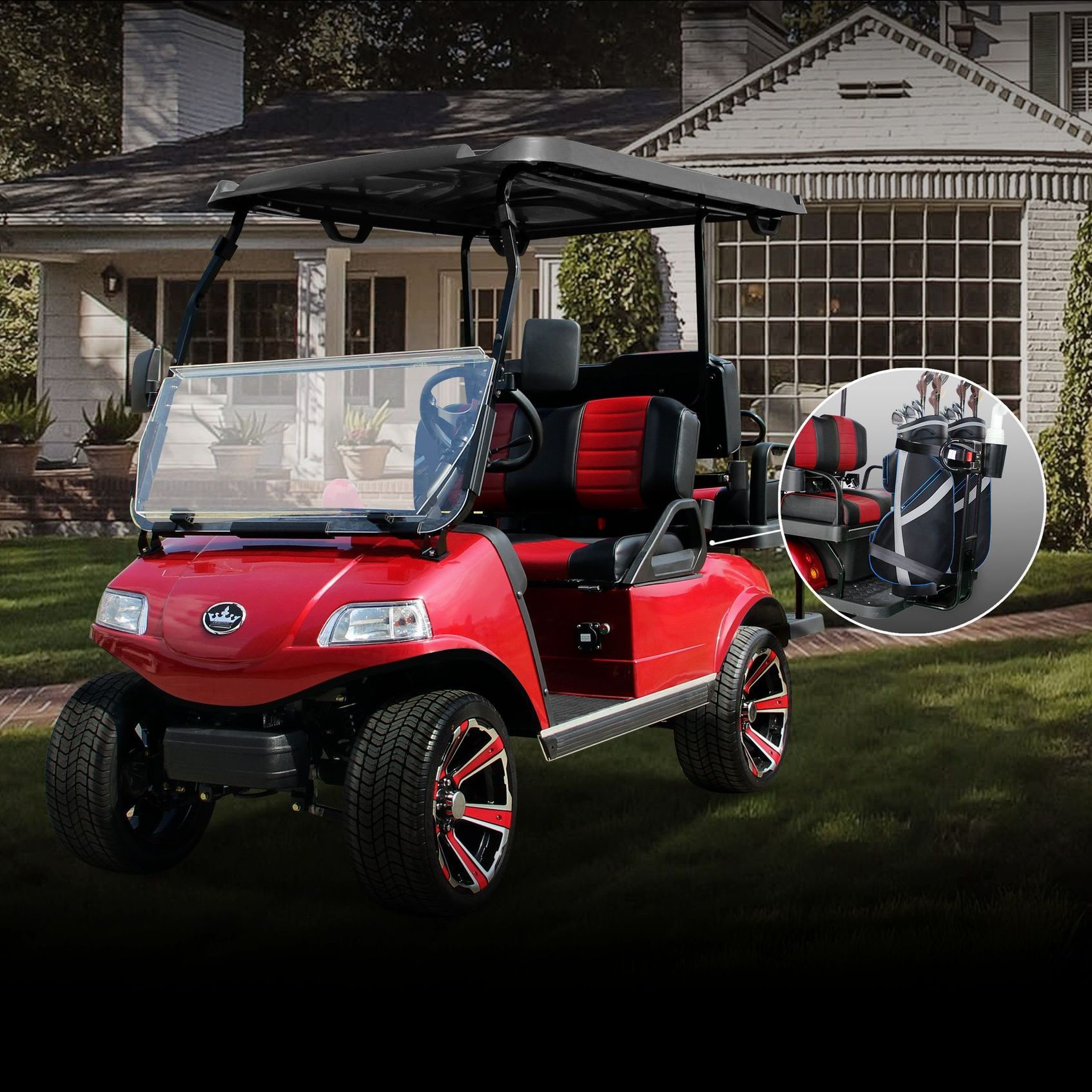 A red golf cart is parked in front of a house