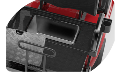 A red golf cart with a black seat and a black trunk