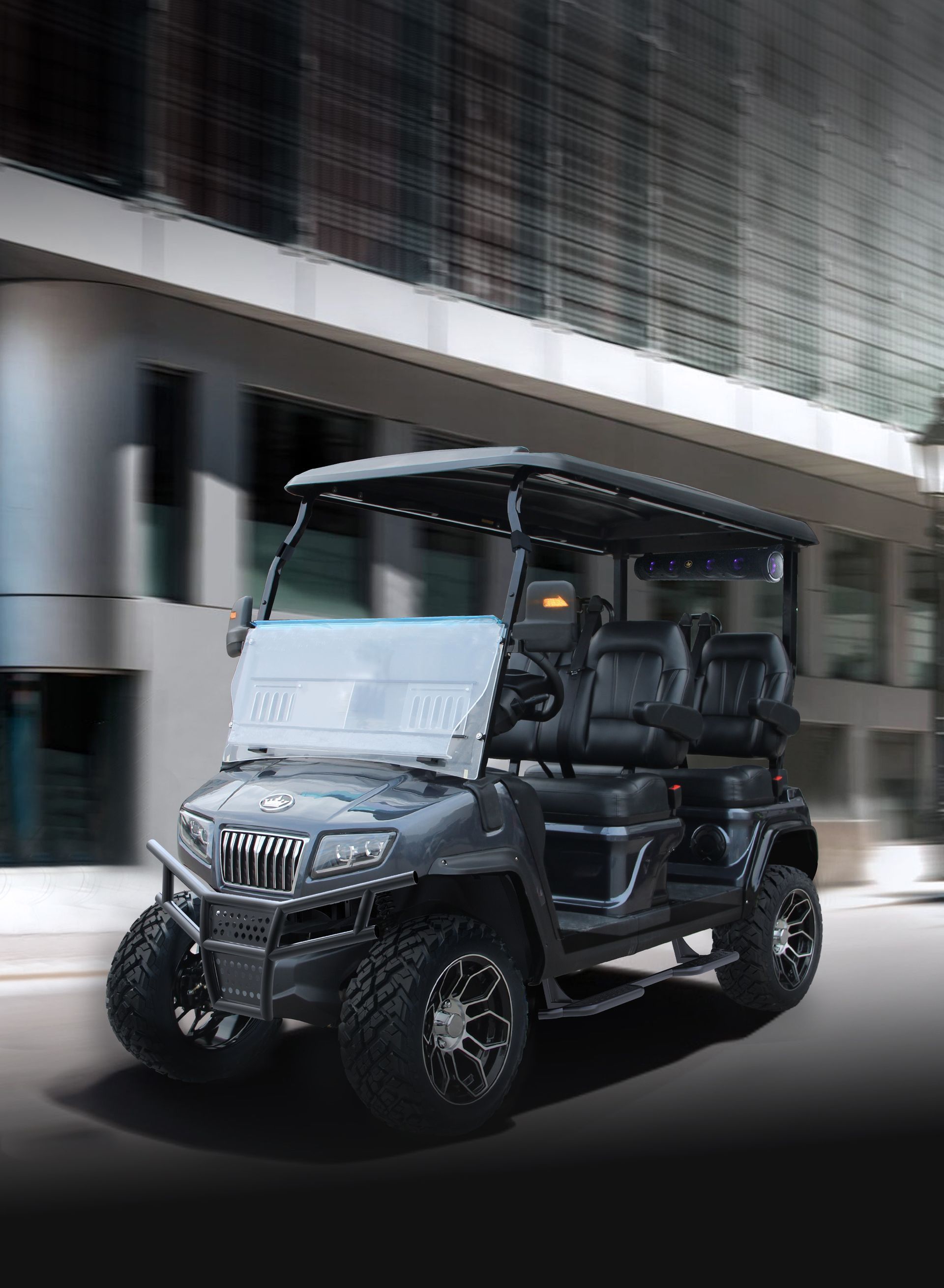 A golf cart is parked in front of a building.