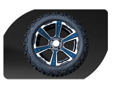 A black tire with a blue rim on a black background