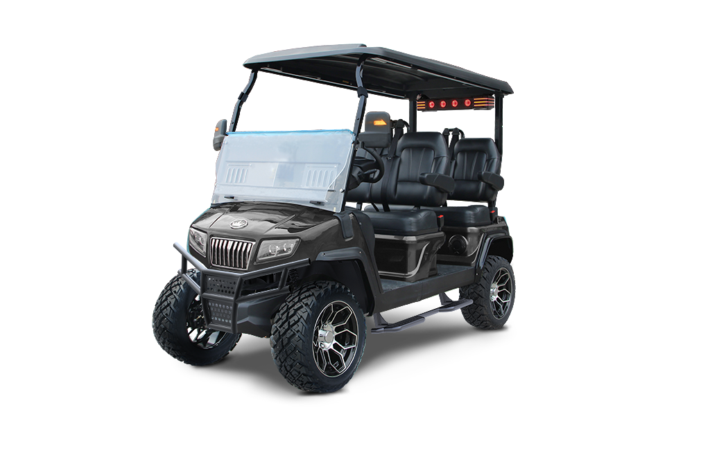 A black golf cart with a roof on a white background.