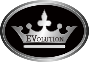 An evolution logo with a silver crown on a black background