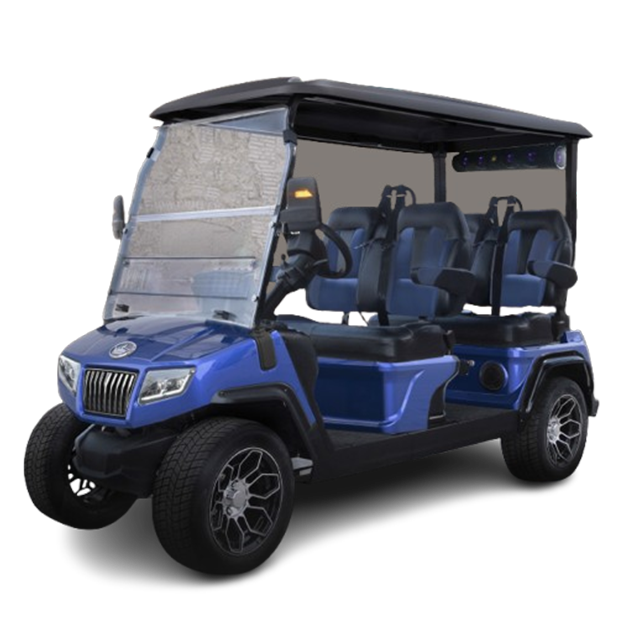 A blue golf cart with black seats on a white background