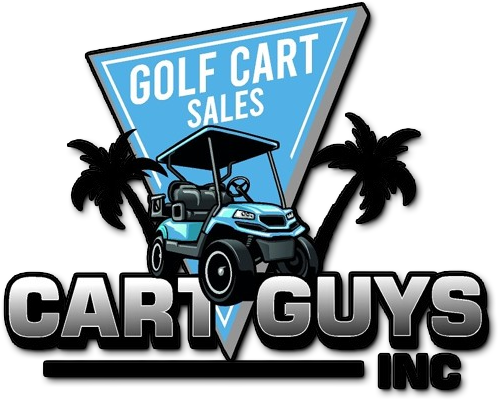 A logo for golf cart sales with a golf cart and palm trees.