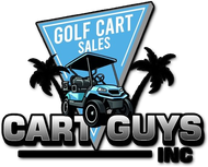 A logo for golf cart sales with a golf cart and palm trees.