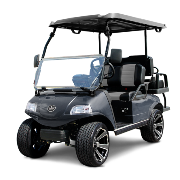 A black golf cart with a white windshield on a white background