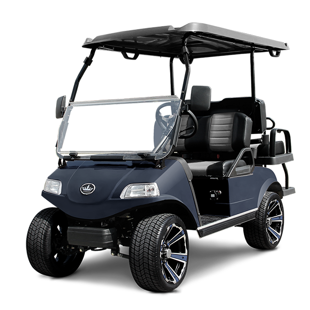 A blue golf cart with a white windshield is on a white background.