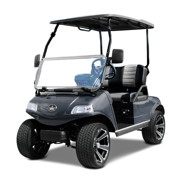 A black golf cart with a canopy on a white background.