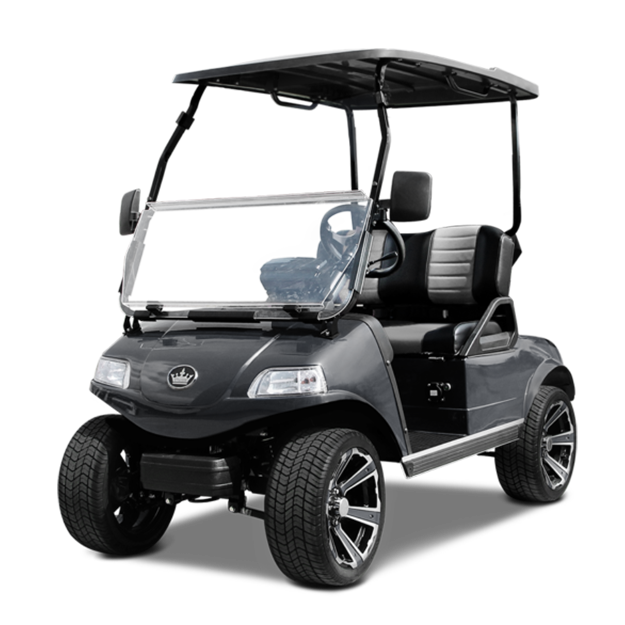 A black golf cart with a roof on a white background.