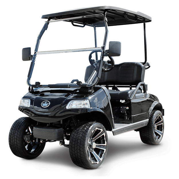 A black golf cart with a canopy on a white background.